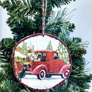 Hand Crafted Natural Wood Glitter Ornament Vintage Red Truck/Dogs/Tree Decor